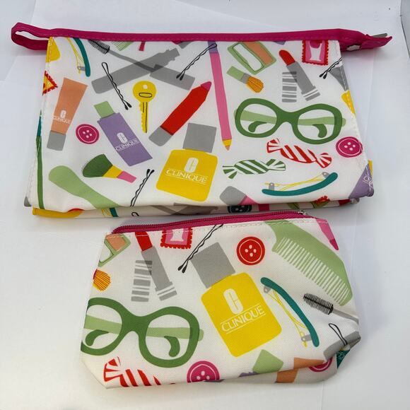 CLINIQUE Glass Print Cosmetic Makeup Bag Set Zipper Pouch (1 Large + 1 Small ) - Picture 2 of 6